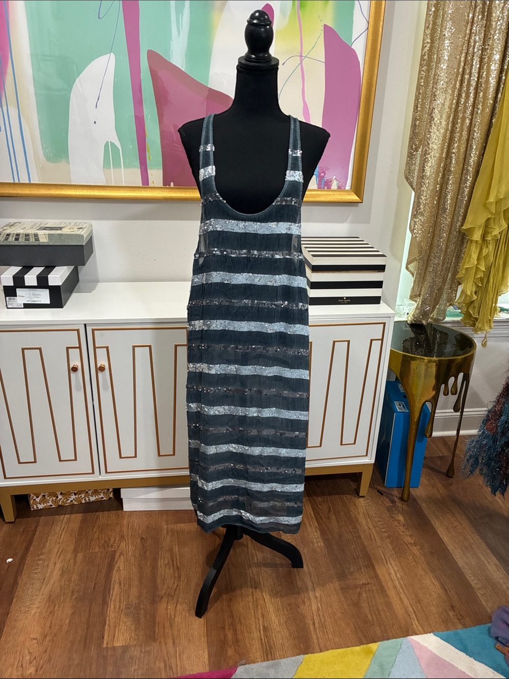 Striped Sequin Slip Dress - Silver & Grey